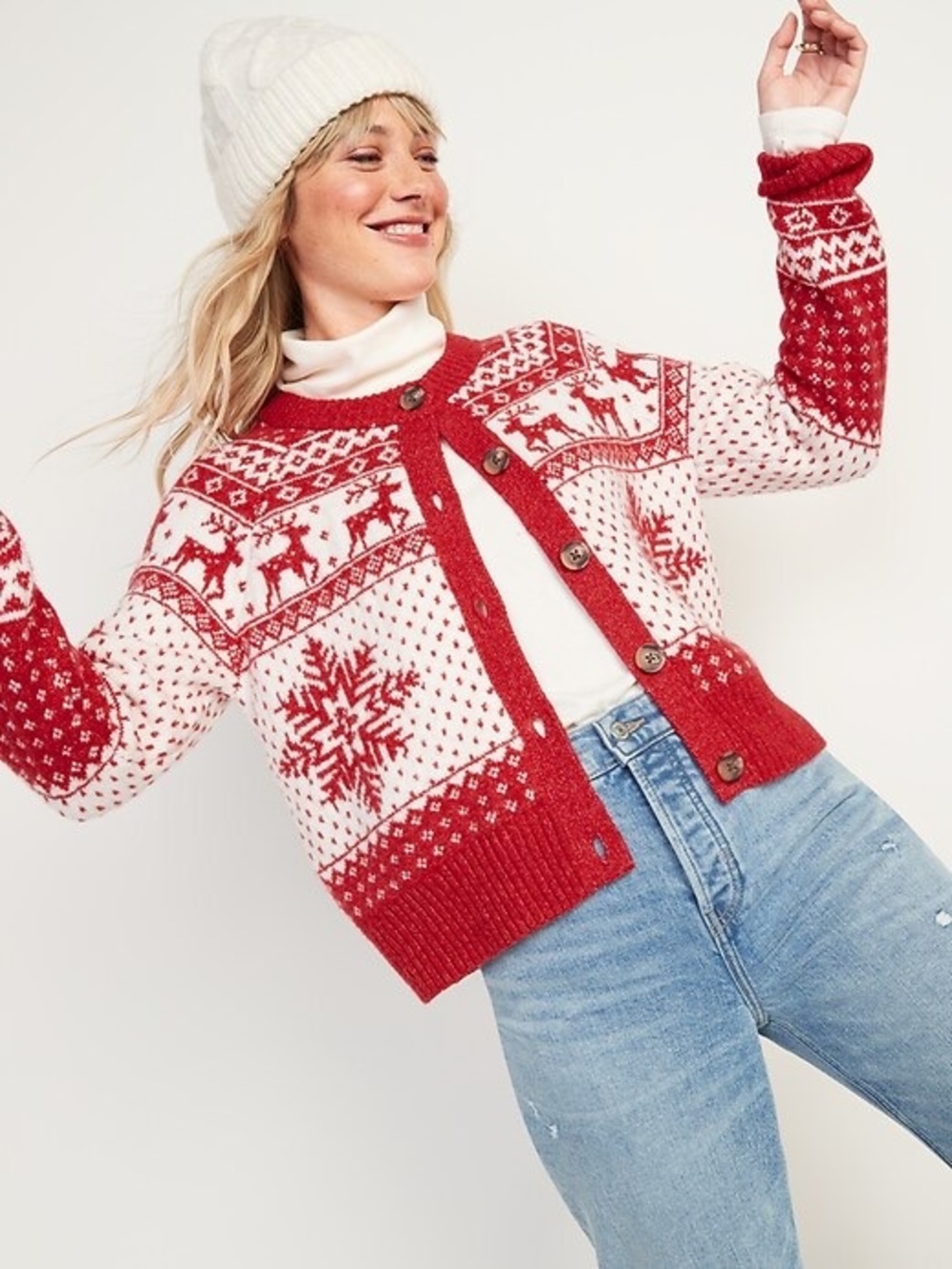 Dec 25th Christmas Holiday Red White Nordic Snowflake Reindeer Cardigan Sweater